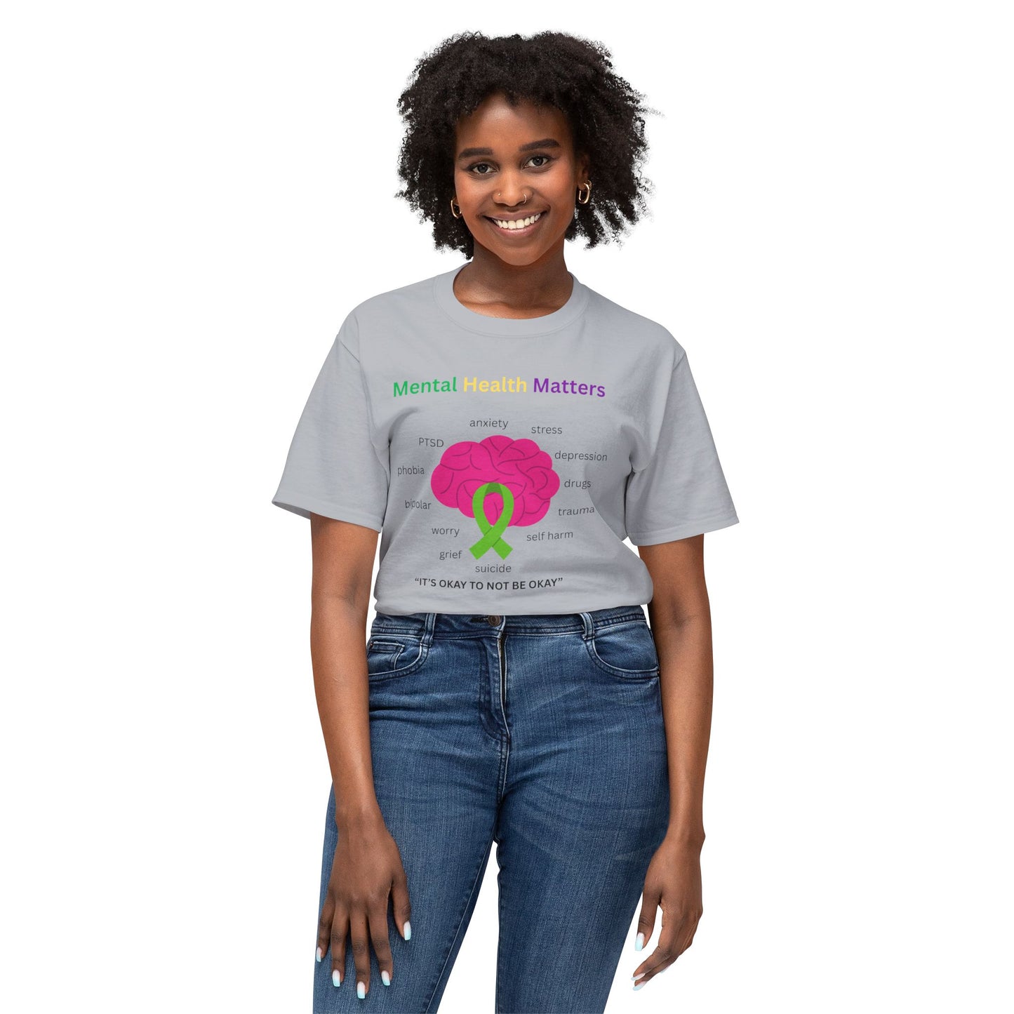 Mental Health Matters T-Shirt – Awareness Ribbon Brain Design ("It's Okay to Not Be Okay")