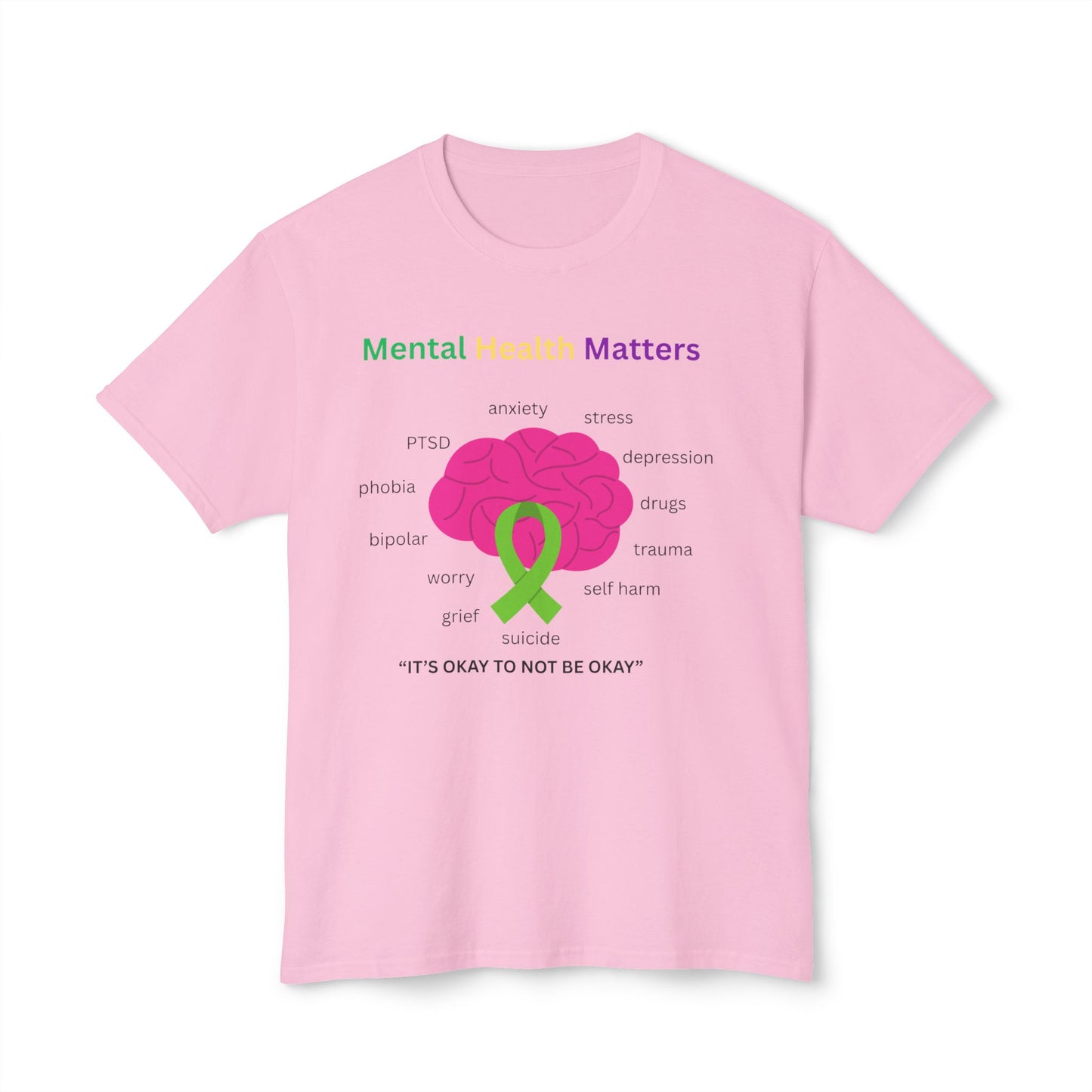 Mental Health Matters T-Shirt – Awareness Ribbon Brain Design ("It's Okay to Not Be Okay")