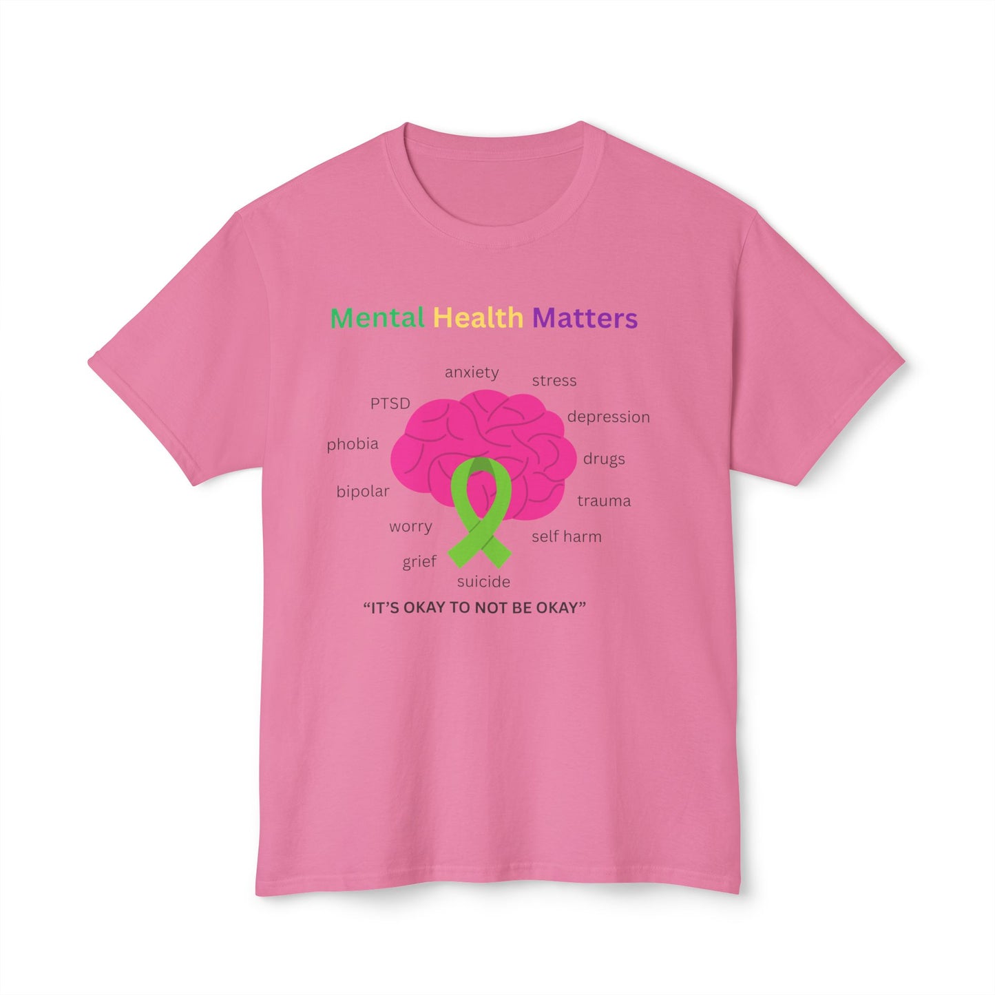 Mental Health Matters T-Shirt – Awareness Ribbon Brain Design ("It's Okay to Not Be Okay")