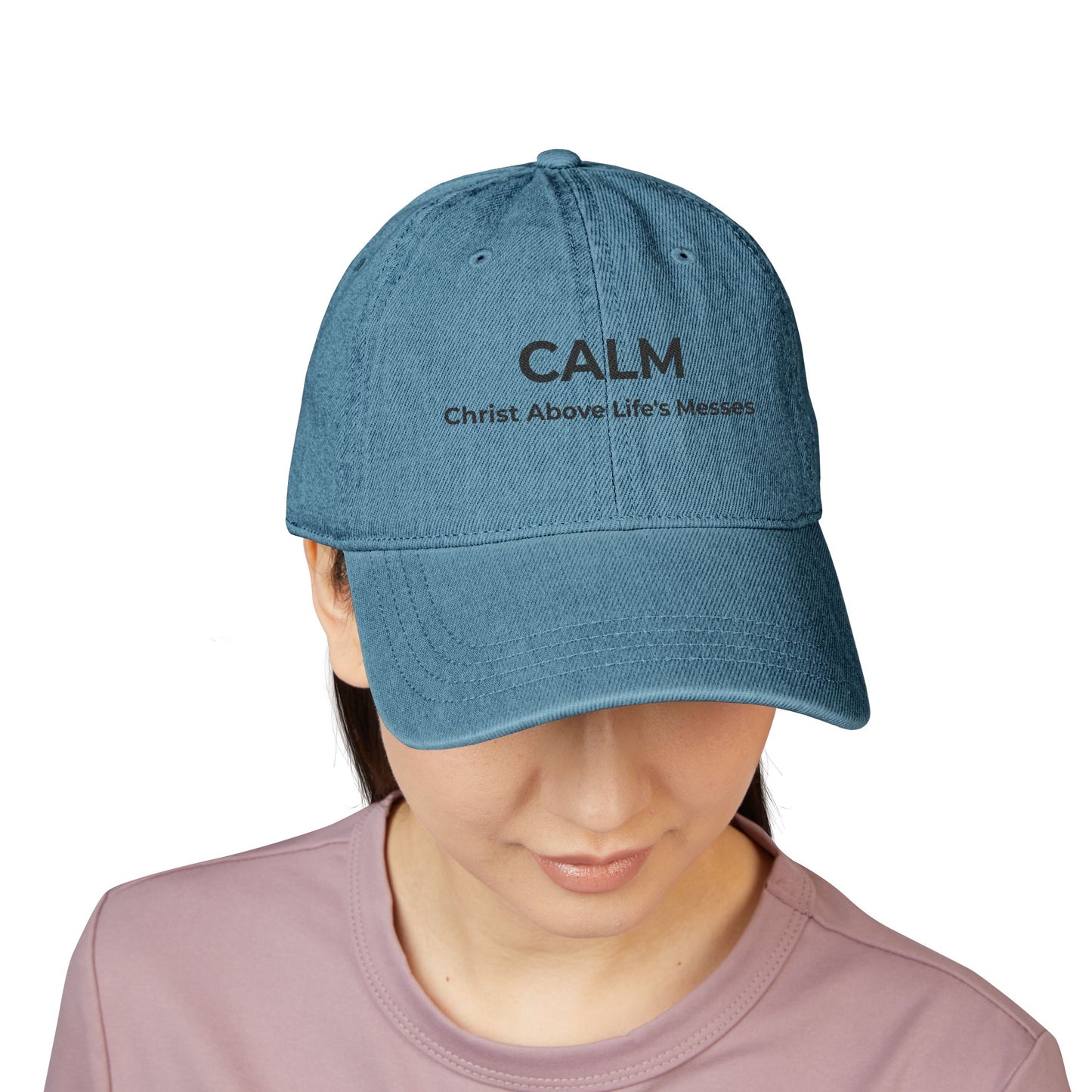 Faith Over Everything™ Denim Embroidered Hat | CALM –Christ Above Life's Messes