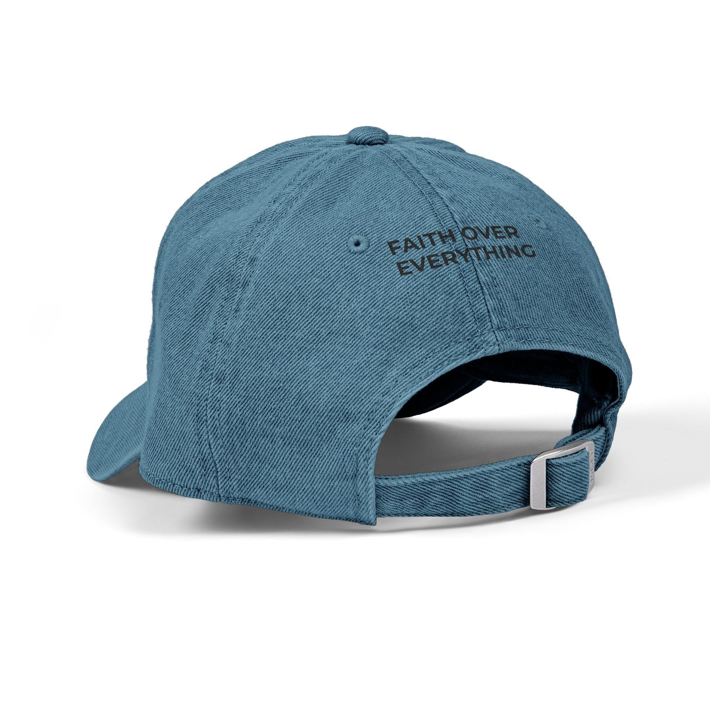 Faith Over Everything™ Denim Embroidered Hat | CALM –Christ Above Life's Messes