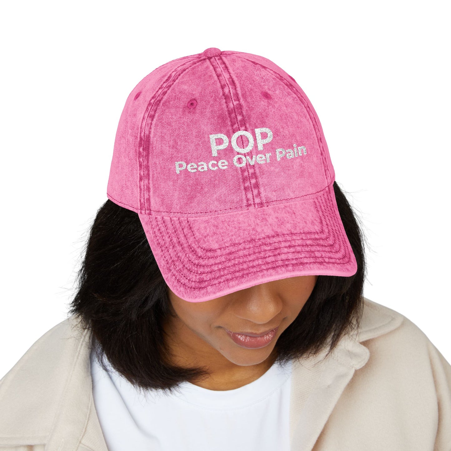 Vintage Embroidered Cap — “POP Peace Over Pain” Red Distressed Hat
