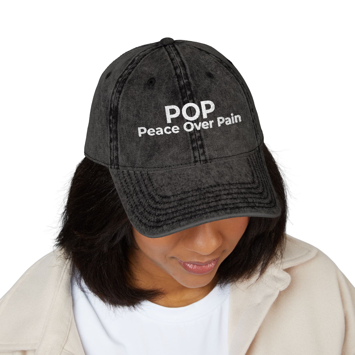 Vintage Embroidered Cap — “POP Peace Over Pain” Red Distressed Hat