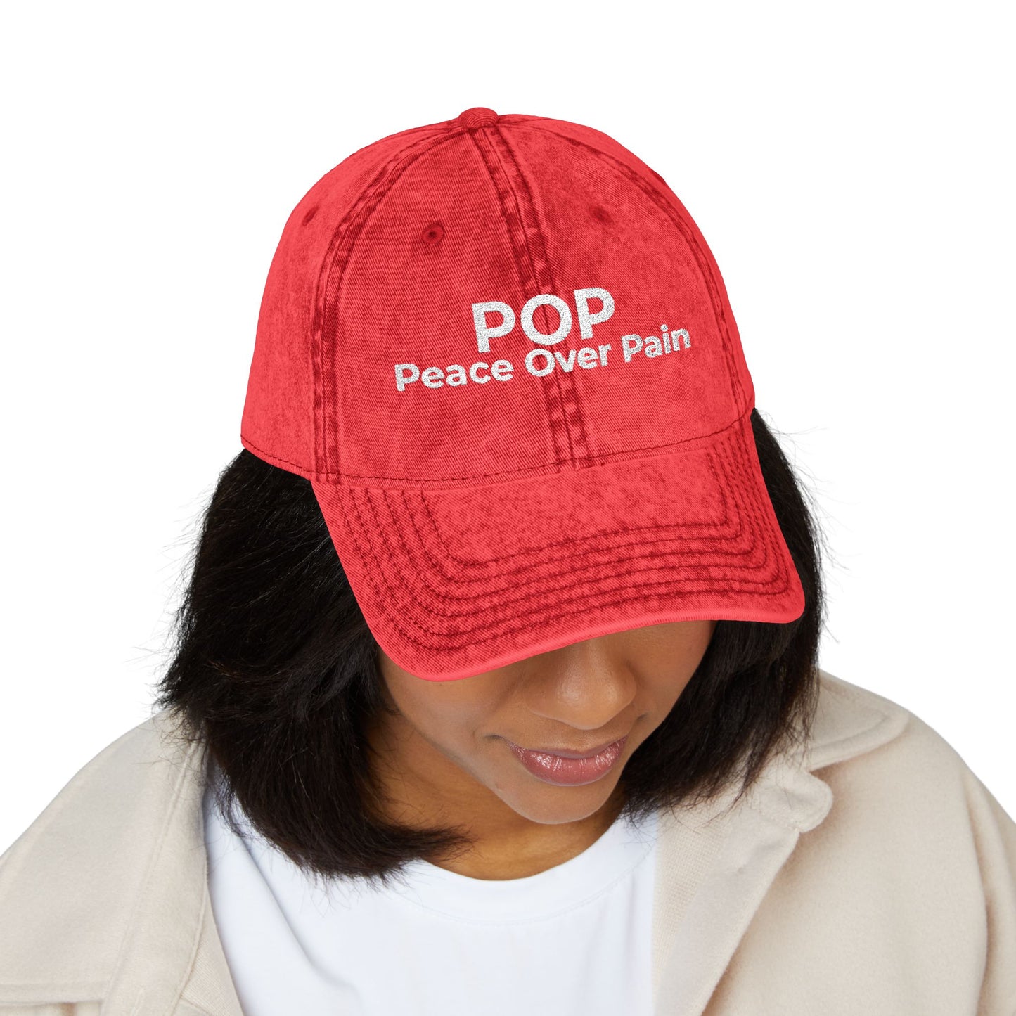 Vintage Embroidered Cap — “POP Peace Over Pain” Red Distressed Hat
