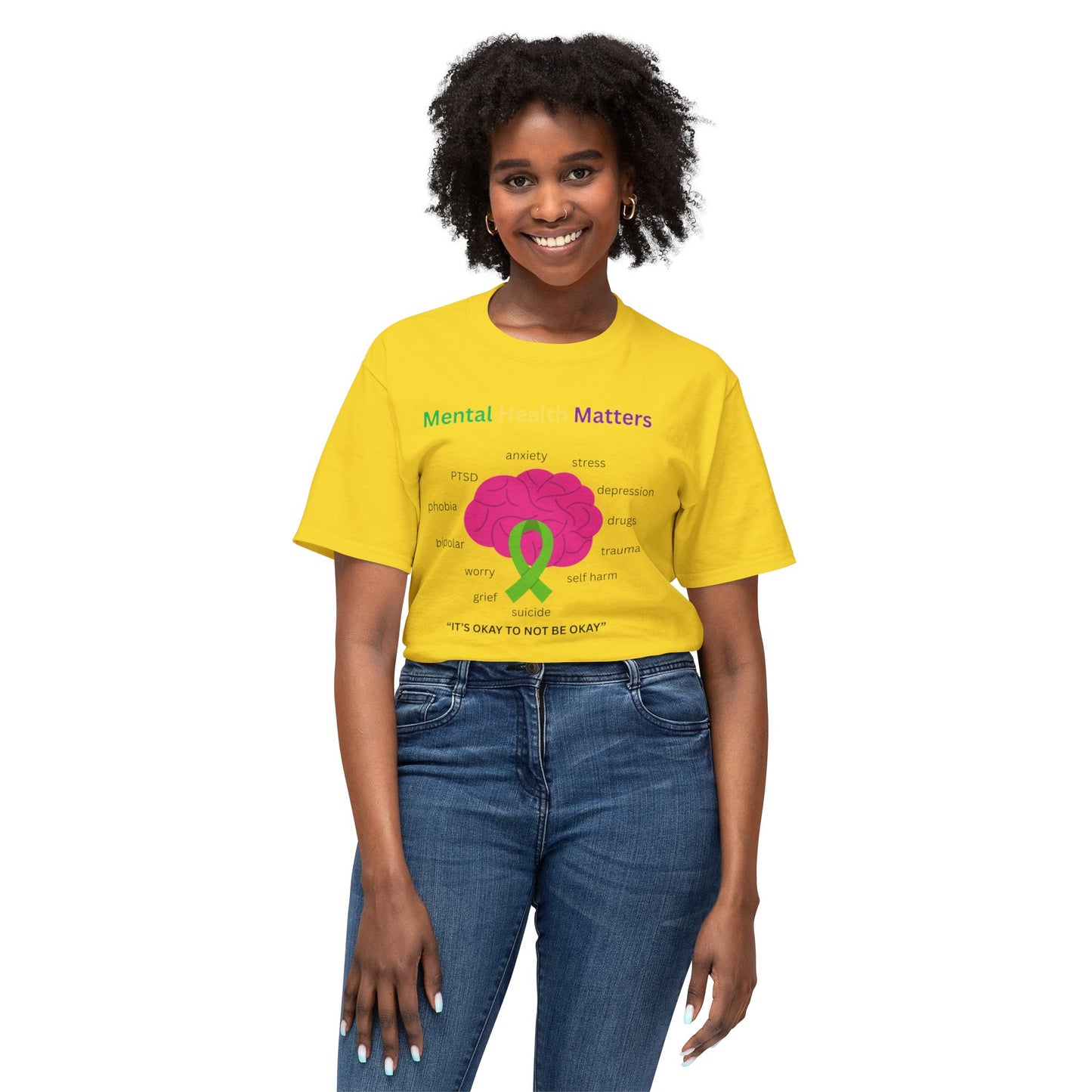 Mental Health Matters T-Shirt – Awareness Ribbon Brain Design ("It's Okay to Not Be Okay")