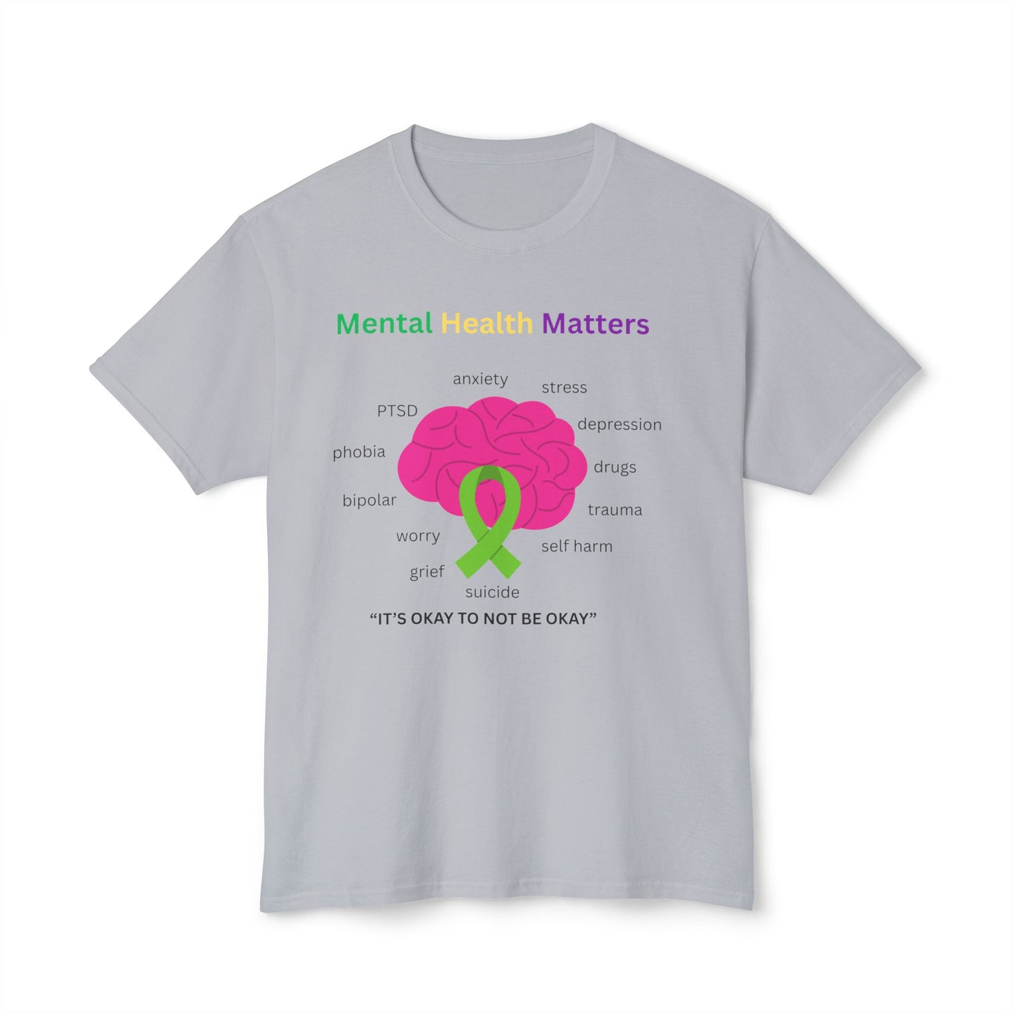 Mental Health Matters T-Shirt – Awareness Ribbon Brain Design ("It's Okay to Not Be Okay")