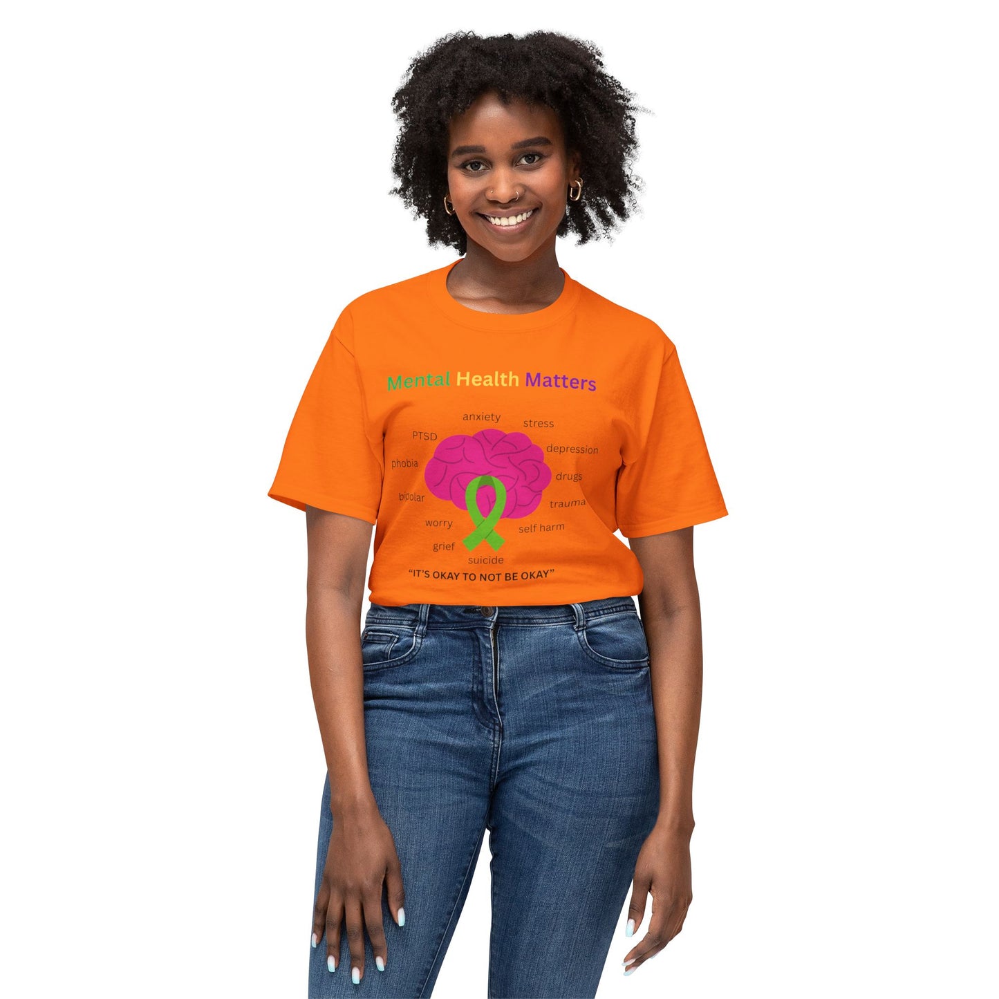Mental Health Matters T-Shirt – Awareness Ribbon Brain Design ("It's Okay to Not Be Okay")