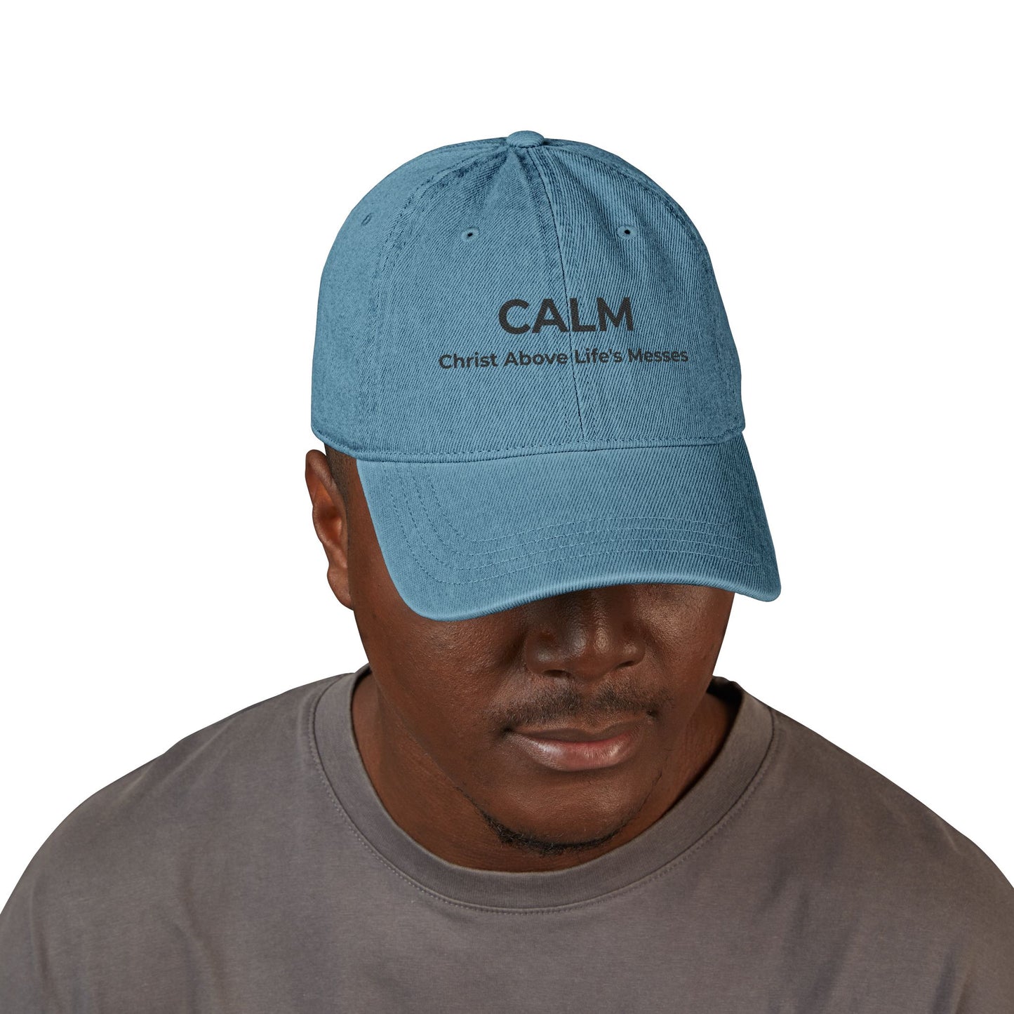 Faith Over Everything™ Denim Embroidered Hat | CALM –Christ Above Life's Messes