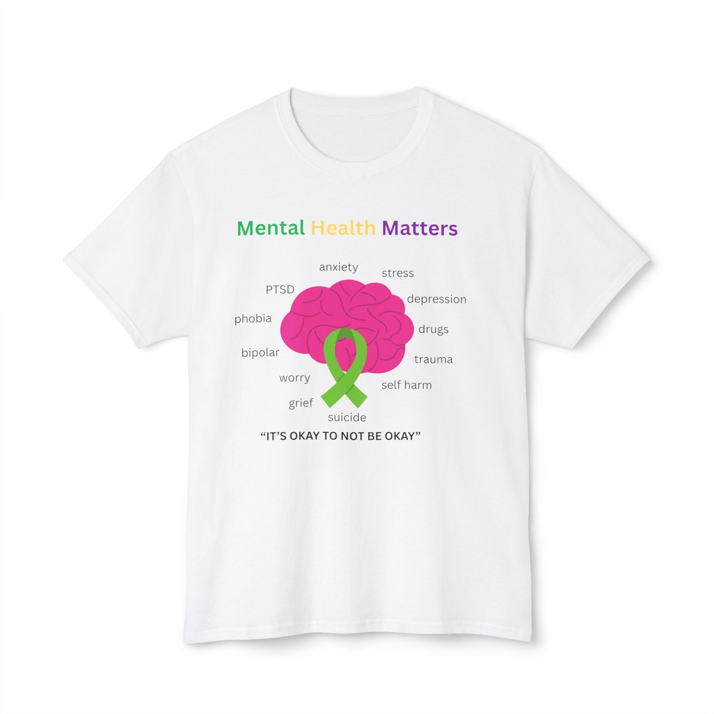 Mental Health Matters T-Shirt – Awareness Ribbon Brain Design ("It's Okay to Not Be Okay")
