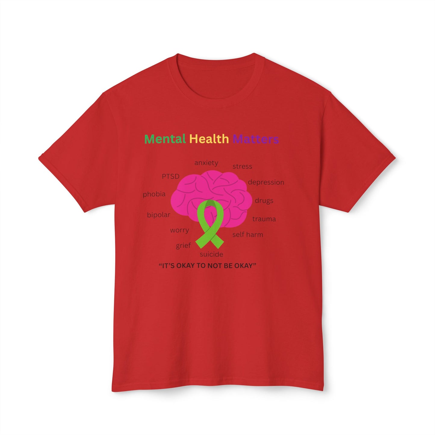Mental Health Matters T-Shirt – Awareness Ribbon Brain Design ("It's Okay to Not Be Okay")