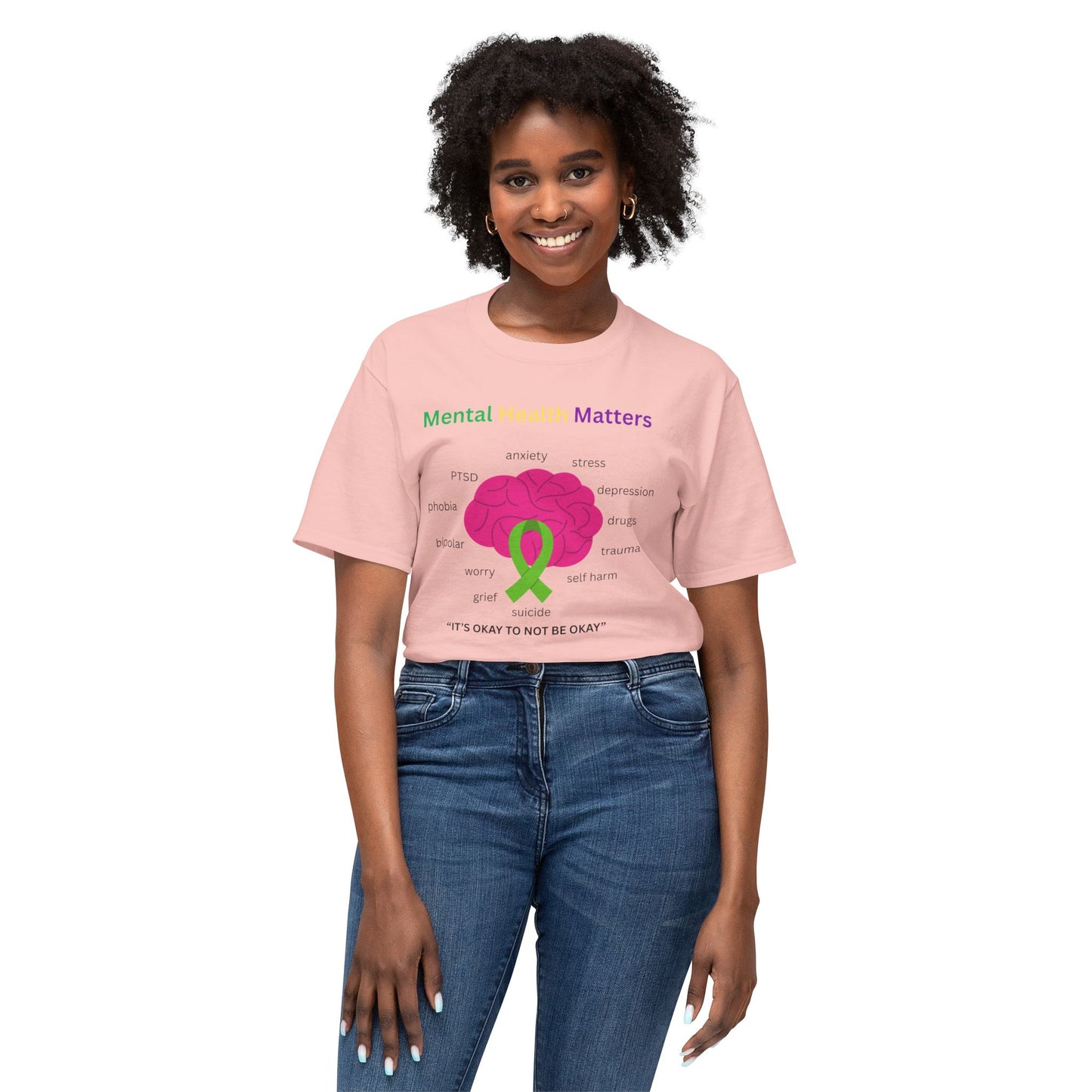 Mental Health Matters T-Shirt – Awareness Ribbon Brain Design ("It's Okay to Not Be Okay")