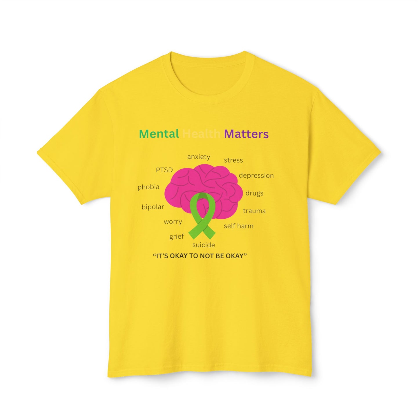 Mental Health Matters T-Shirt – Awareness Ribbon Brain Design ("It's Okay to Not Be Okay")