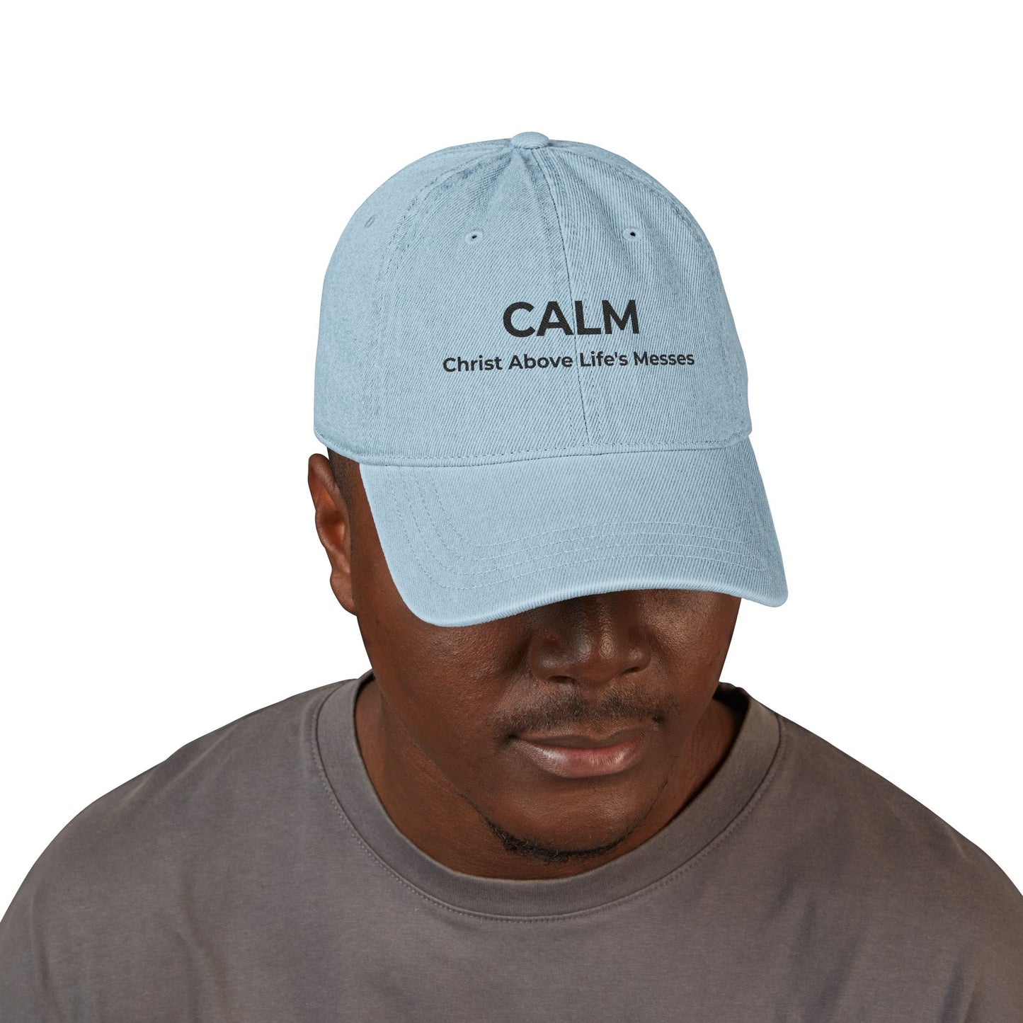 Faith Over Everything™ Denim Embroidered Hat | CALM –Christ Above Life's Messes