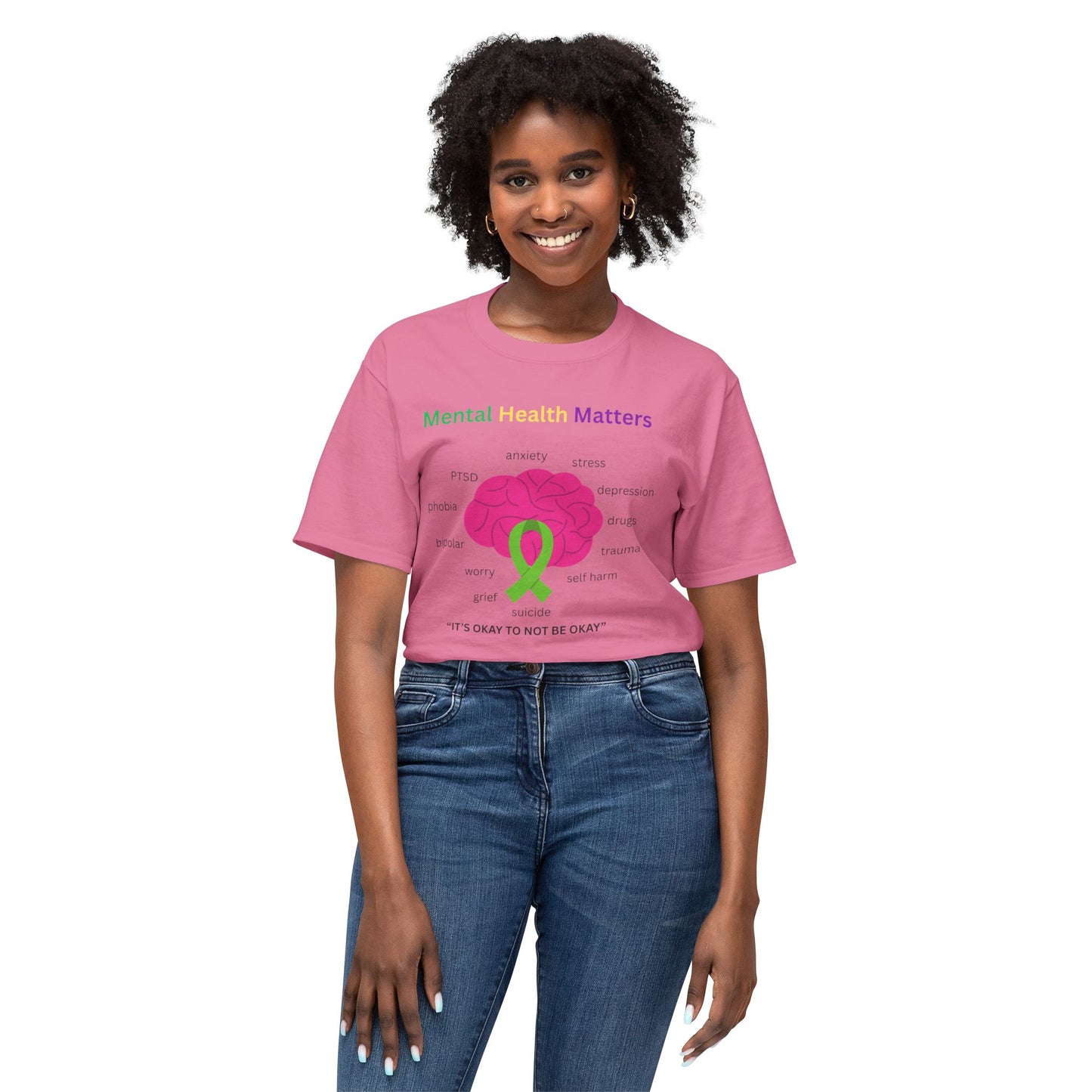 Mental Health Matters T-Shirt – Awareness Ribbon Brain Design ("It's Okay to Not Be Okay")