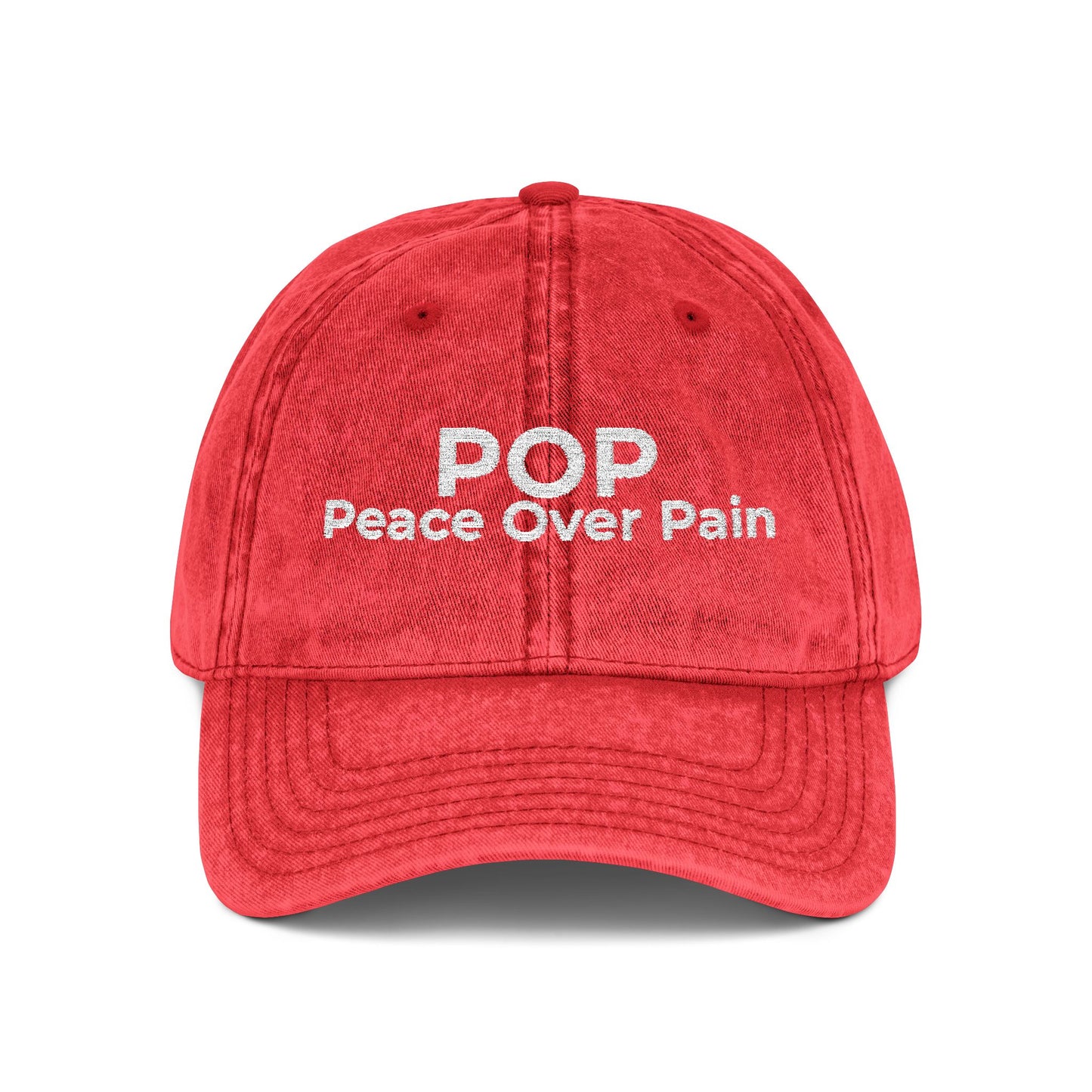 Vintage Embroidered Cap — “POP Peace Over Pain” Red Distressed Hat