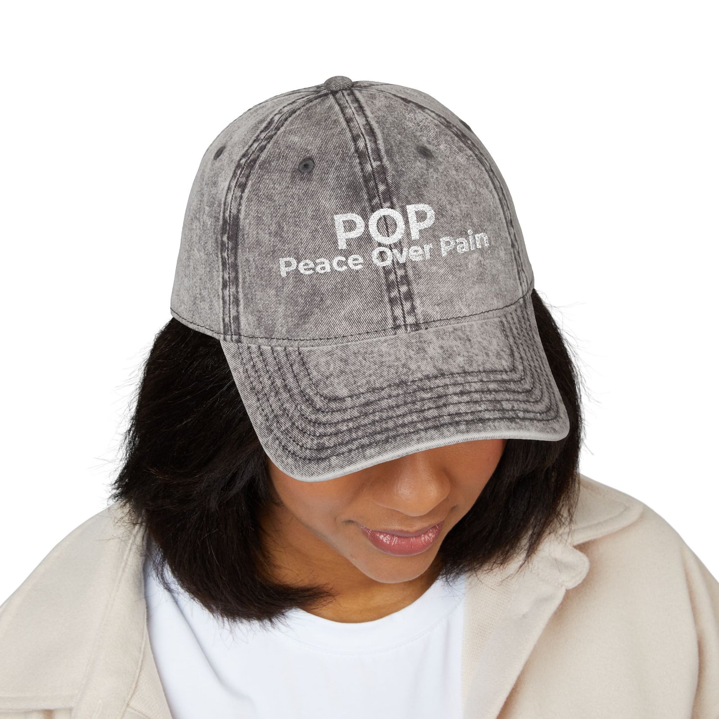 Vintage Embroidered Cap — “POP Peace Over Pain” Red Distressed Hat