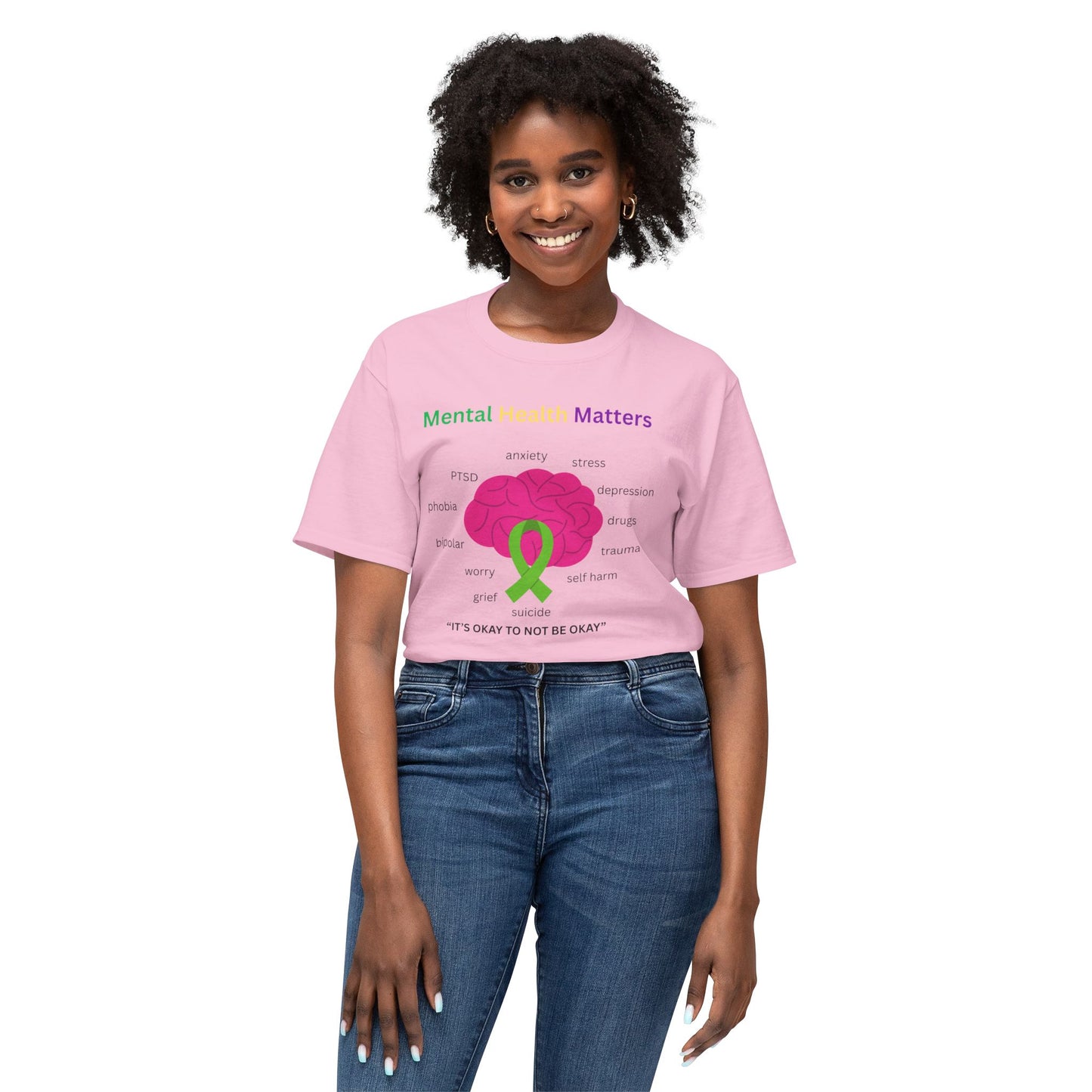 Mental Health Matters T-Shirt – Awareness Ribbon Brain Design ("It's Okay to Not Be Okay")