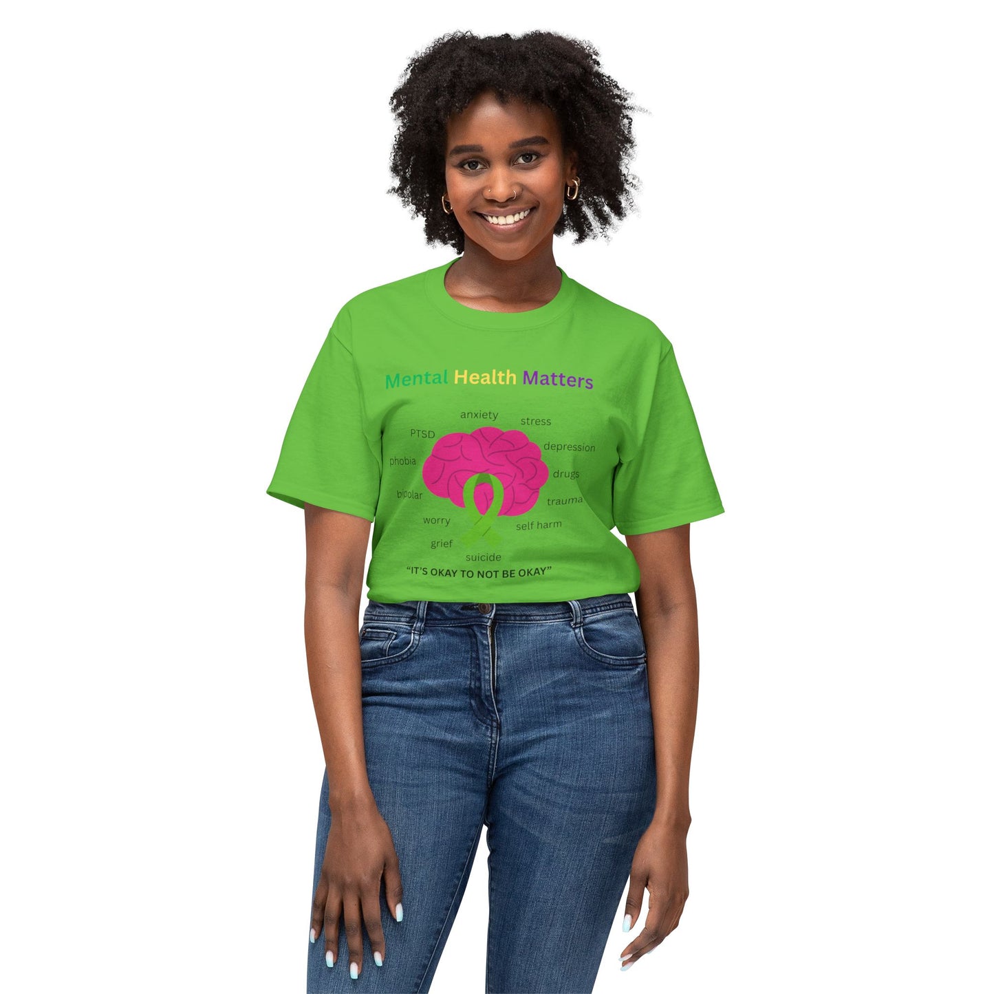 Mental Health Matters T-Shirt – Awareness Ribbon Brain Design ("It's Okay to Not Be Okay")