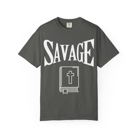 T-Shirt — "SAVAGE" Graphic Tee with Bible Icon (Edgy Faith Streetwear)
