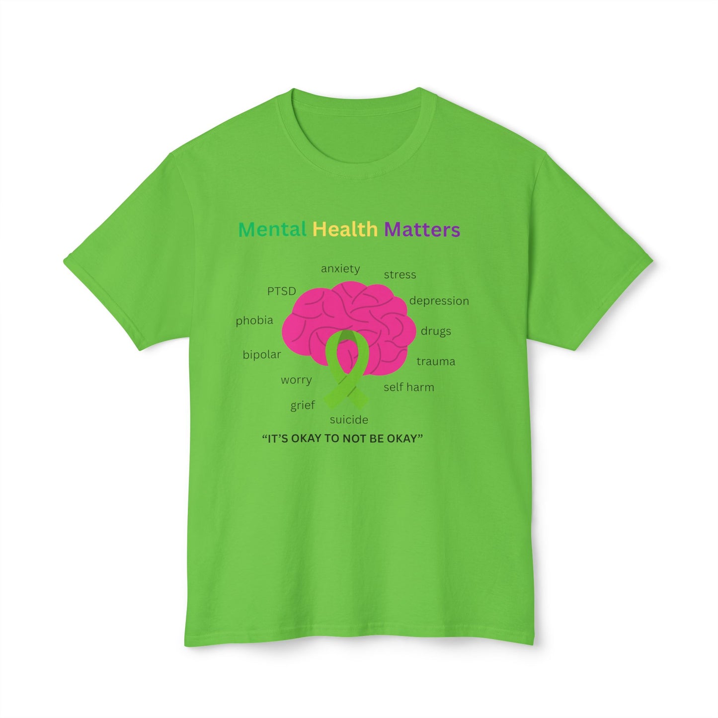 Mental Health Matters T-Shirt – Awareness Ribbon Brain Design ("It's Okay to Not Be Okay")