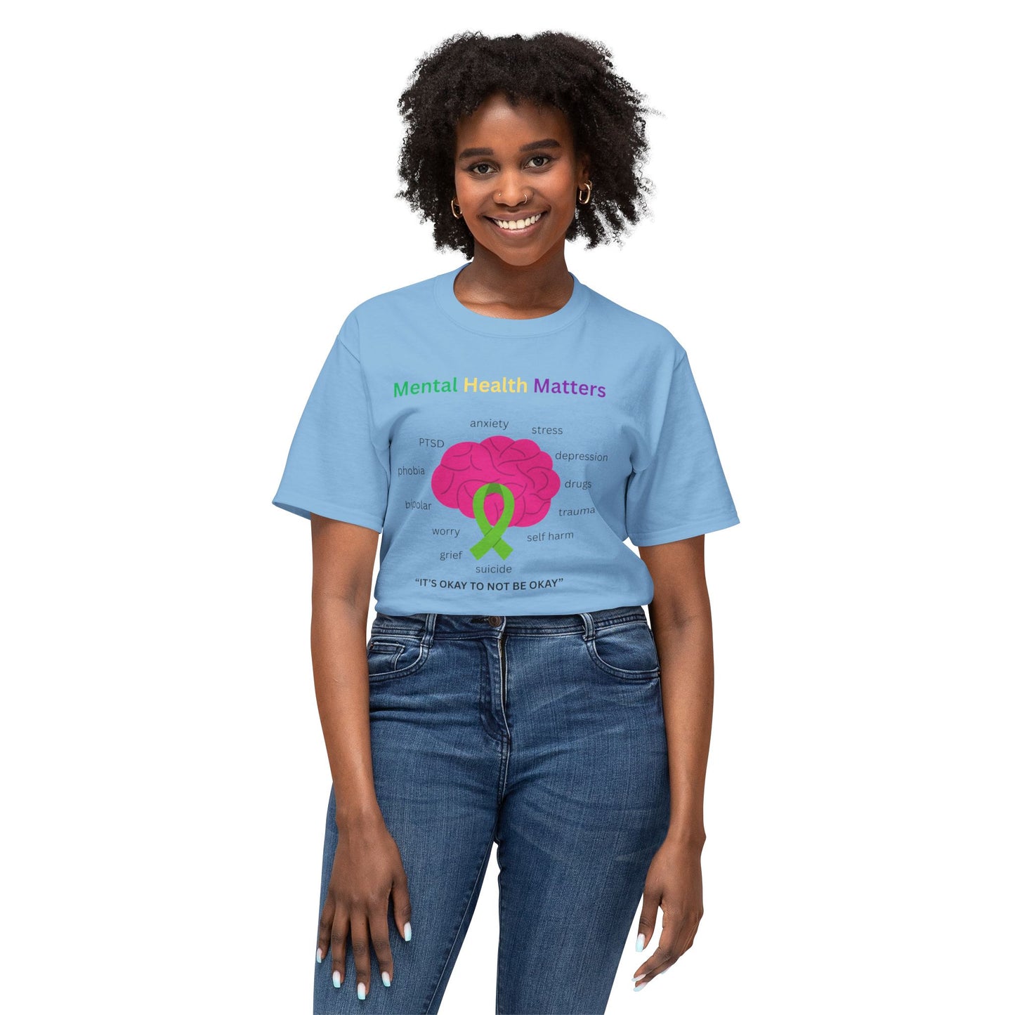 Mental Health Matters T-Shirt – Awareness Ribbon Brain Design ("It's Okay to Not Be Okay")