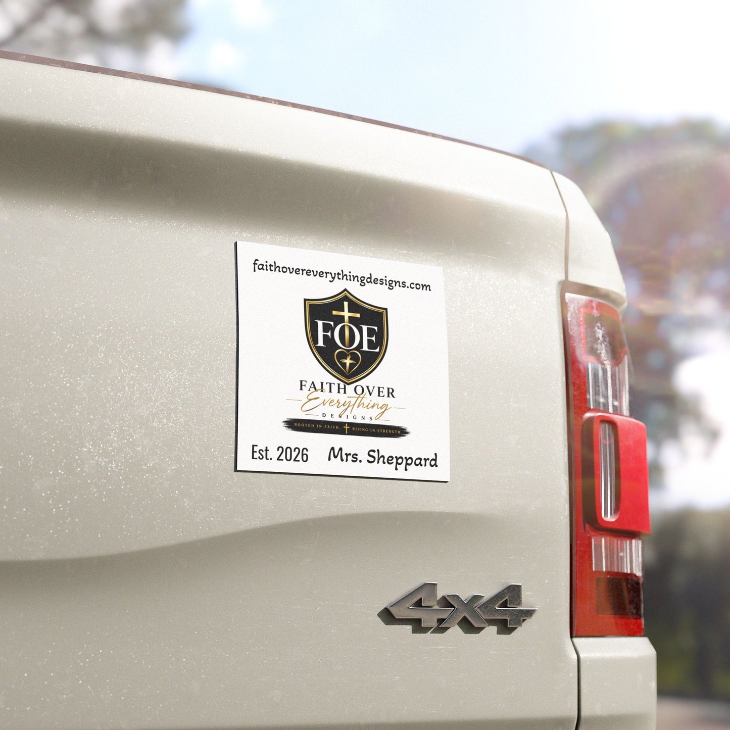 Faith Over Everything Car Magnet — Personalized "Est. 2026 Mrs. Sheppard" Religious Shield Design