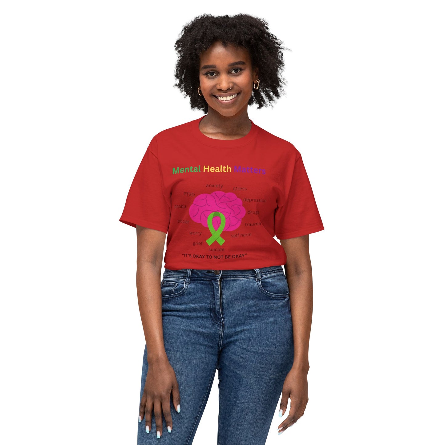 Mental Health Matters T-Shirt – Awareness Ribbon Brain Design ("It's Okay to Not Be Okay")