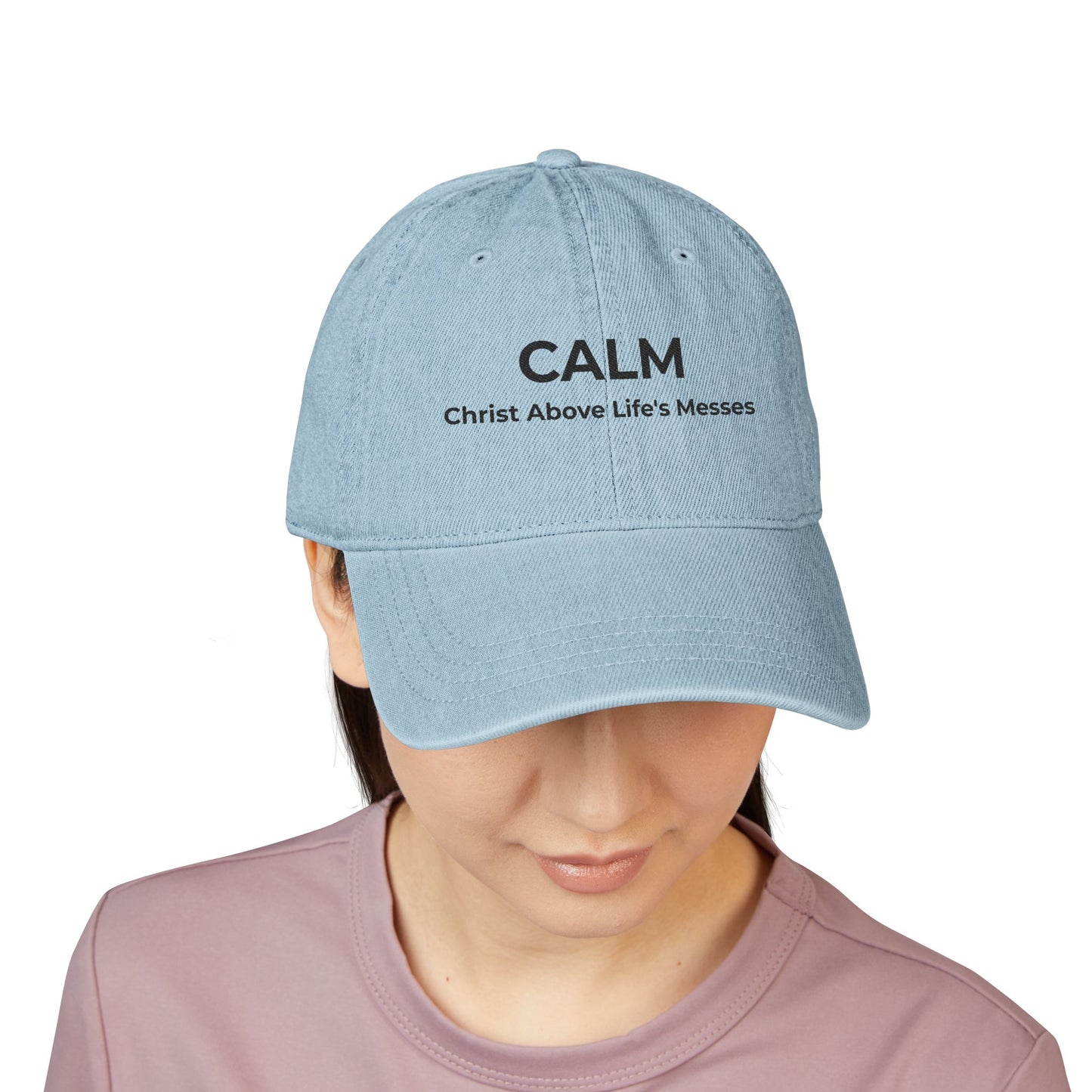 Faith Over Everything™ Denim Embroidered Hat | CALM –Christ Above Life's Messes